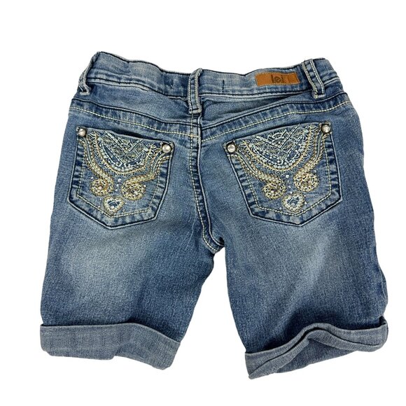 L.E.I Chelsea Lowrise Girls Denim Shorts Size 7 Embroidered Adjustable Waist - Picture 3 of 7